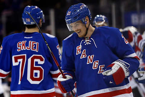 May 4, 2017; New York, NY, USA; New York Rangers defenseman Nick Holden (22) celebrates after scoring a goal against the Ottawa Senators during the first period in game four of the second round of the 2017 Stanley Cup Playoffs at Madison Square Garden. Mandatory Credit: Adam Hunger-USA TODAY Sports