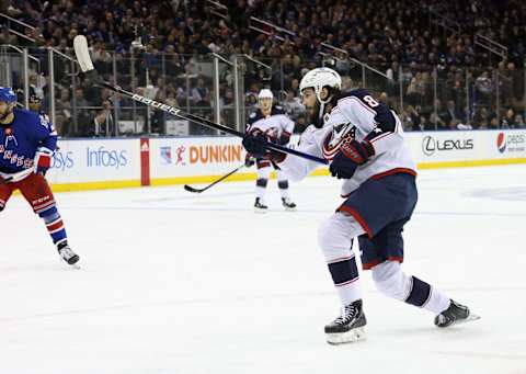 NEW YORK, NEW YORK – MARCH 28: Kirill Marchenko #86 of the Columbus Blue Jackets scores a first period powerplay goal against the New York Rangers at Madison Square Garden on March 28, 2023 in New York City. (Photo by Bruce Bennett/Getty Images)