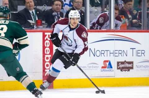 Mar 8, 2015; Saint Paul, MN, USA; Colorado Avalanche forward Joey Hishon (38) skates with the puck in the first period against the Minnesota Wild at Xcel Energy Center. The Colorado Avalanche beat the Minnesota Wild 3-2. Mandatory Credit: Brad Rempel-USA TODAY Sports