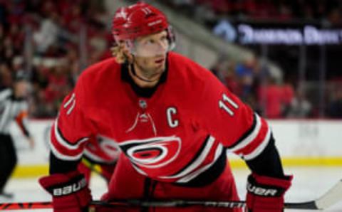 RALEIGH, NC – OCTOBER 3: Jordan Staal #11 of the Carolina Hurricanes prepares for a face-off against the Montreal Canadiens during an NHL game on October 3, 2019 at PNC Arena in Raleigh North Carolina. (Photo by Gregg Forwerck/NHLI via Getty Images)