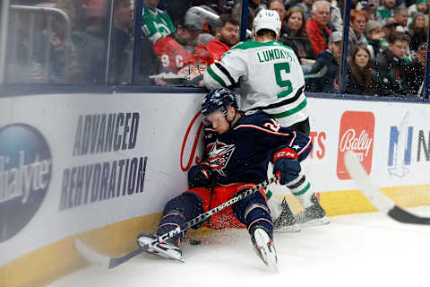 COLUMBUS, OH – DECEMBER 19: Mathieu Olivier #24 of the Columbus Blue Jackets and Nils Lundkvist #5 of the Dallas Stars. Olivier escaped injury. (Photo by Kirk Irwin/Getty Images)