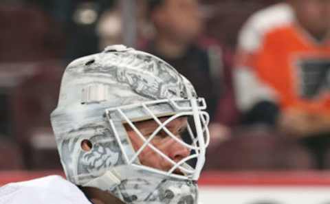 PHILADELPHIA, PA – OCTOBER 27: Robin Lehner#40 of the New York Islanders looks on prior to the start of the third period against the Philadelphia Flyers on October 27, 2018 at the Wells Fargo Center in Philadelphia, Pennsylvania. (Photo by Len Redkoles/NHLI via Getty Images)