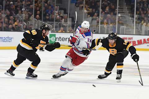 Kappo Kakko of the New York Rangers skates after the puck . (Photo by Steve Babineau/NHLI via Getty Images)