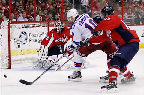 May 2, 2012; Washington, DC, USA; Washington Capitals goalie Braden Holtby (70) makes a save on a shot by New York Rangers right wing Marian Gaborik (10) during the third period of game three in the Eastern Conference semifinals of the 2012 Stanley Cup Playoffs at Verizon Center. The Rangers won 2-1 in triple overtime. Mandatory Credit: Geoff Burke-US PRESSWIRE