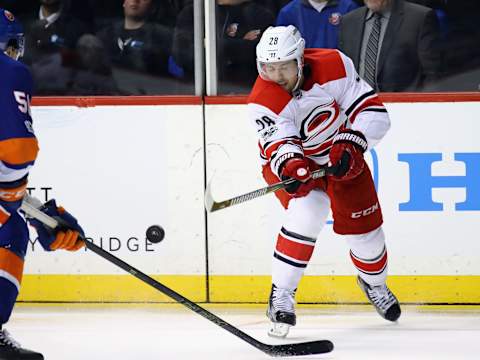 NEW YORK, NY – NOVEMBER 16: Elias Lindholm #28 of the Carolina Hurricanes skates against the New York Islanders at the Barclays Center on November 16, 2017 in the Brooklyn borough of New York City. The Islanders defeated the Hurricanes 6-4. (Photo by Bruce Bennett/Getty Images)