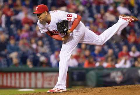 May 13, 2016; Philadelphia, PA, USA; Philadelphia Phillies relief pitcher Jeanmar Gomez (46) pitches during the ninth inning against the Cincinnati Reds at Citizens Bank Park. The Phillies won 3-2. Mandatory Credit: Bill Streicher-USA TODAY Sports