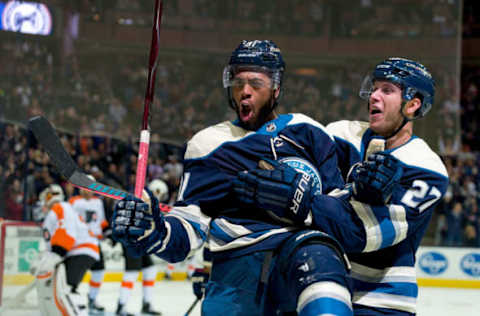 COLUMBUS, OH – OCTOBER 18: Columbus Blue Jackets left wing Anthony Duclair (91) celebrates with Columbus Blue Jackets defenseman Ryan Murray (27) after scoring a goal in the first period of a game between the Columbus Blue Jackets and the Philadelphia Flyers on October 18, 2018 at Nationwide Arena in Columbus, OH. (Photo by Adam Lacy/Icon Sportswire via Getty Images)