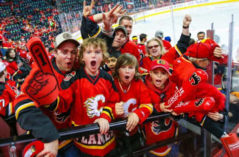 Apr 19, 2015; Calgary, Alberta, CAN; Calgary Flames fans gathering prior to the game between the Calgary Flames and the Vancouver Canucks in game three of the first round of the 2015 Stanley Cup Playoffs at Scotiabank Saddledome. Mandatory Credit: Sergei Belski-USA TODAY Sports