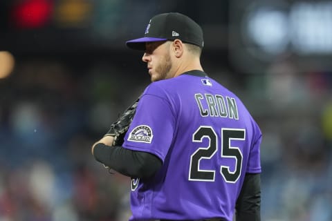 PHILADELPHIA, PA – APRIL 26: C.J. Cron #25 of the Colorado Rockies looks on against the Philadelphia Phillies at Citizens Bank Park on April 26, 2022 in Philadelphia, Pennsylvania. The Phillies defeated the Rockies 10-3. (Photo by Mitchell Leff/Getty Images)