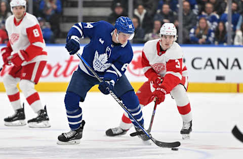 Toronto Maple Leafs forward David Kampf (64) receives the puck in front of Detroit Red Wings defenseman Simon Edvinsso. Mandatory Credit: Dan Hamilton-USA TODAY Sports