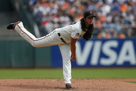 SAN FRANCISCO, CA – SEPTEMBER 29: Derreck Rodriguez #57 of the San Francisco Giants pitches in the top of the second inning against the Los Angeles Dodgers at AT&T Park on September 29, 2018 in San Francisco, California. (Photo by Lachlan Cunningham/Getty Images)