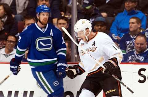 VANCOUVER, BC: Saku Koivu #11 of the Anaheim Ducks celebrates after scoring a goal on March 29, 2014, at Rogers Arena in Vancouver, British Columbia, Canada. (Photo by Rich Lam/Getty Images)