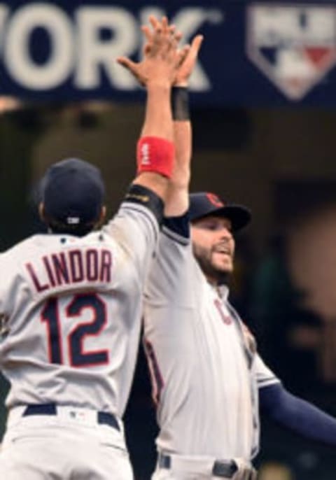 MILWAUKEE, WI – MAY 09: Cleveland Indians Shortstop Francisco Lindor (12) and Cleveland Indians Outfield Tyler Naquin (30) high-five after an MLB game between the Milwaukee Brewers and Cleveland Indians on May 9, 2018, at Miller Park in Milwaukee, WI. The Indians defeated the Brewers 6-2. (Photo by Nick Wosika/Icon Sportswire via Getty Images)