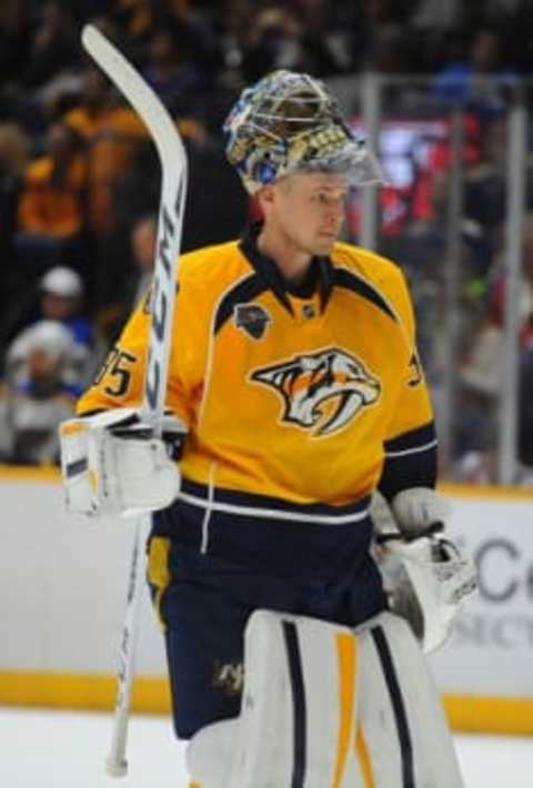 Feb 27, 2016; Nashville, TN, USA; Nashville Predators goalie Pekka Rinne (35) during the second period against the St. Louis Blues at Bridgestone Arena. Mandatory Credit: Christopher Hanewinckel-USA TODAY Sports