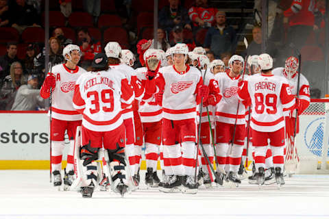 NEWARK, NJ – APRIL 29: The Detroit Red Wings celebrates after defeating the New Jersey Devils on April 29, 2022 at the Prudential Center in Newark, New Jersey. (Photo by Rich Graessle/Getty Images)