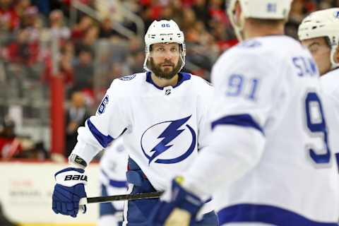 NEWARK, NJ – JANUARY 12: Tampa Bay Lightning right wing Nikita Kucherov (86) skates during the second period of the National Hockey League game between the New Jersey Devils and the Tampa Bay Lightning on January 12, 2020 at the Prudential Center in Newark, NJ. (Photo by Rich Graessle/Icon Sportswire via Getty Images)