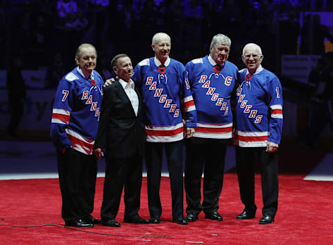 NEW YORK, NEW YORK – DECEMBER 02: (l-r) Rod Gilbert, Emile Francis, Jean Ratelle, Vic Hadfield and Ed Giacomin attend Hadfield’s jersey retirement by the New York Rangers at Madison Square Garden on December 02, 2018 in New York City. (Photo by Bruce Bennett/Getty Images)