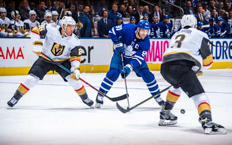 TORONTO, ON – NOVEMBER 07: John Tavares #91 of the Toronto Maple Leafs skates against Paul Stastny #26 of the Vegas Golden Knights during the first period at the Scotiabank Arena on November 7, 2019 in Toronto, Ontario, Canada. (Photo by Mark Blinch/NHLI via Getty Images)