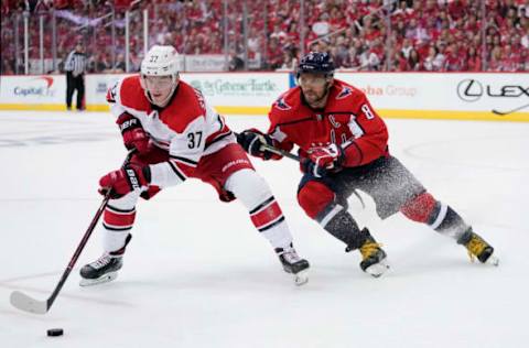 WASHINGTON, DC – APRIL 13: Andrei Svechnikov #37 of the Carolina Hurricanes skates with the puck against Alex Ovechkin #8 of the Washington Capitals in the third period in Game Two of the Eastern Conference First Round during the 2019 NHL Stanley Cup Playoffs at Capital One Arena on April 13, 2019 in Washington, DC. (Photo by Patrick McDermott/NHLI via Getty Images)