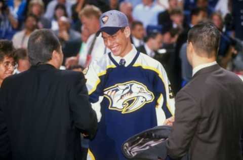 27 Jun 1998: First round pick David Legwand of the Nashville Predators meets with Predators personel during the 1998 NHL Entry Draft at the Marine Midland Arena in Buffalo, New York. Mandatory Credit: Rick Stewart /Allsport