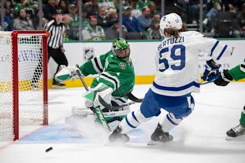 Oct 26, 2023; Dallas, Texas, USA;  Toronto Maple Leafs left wing Tyler Bertuzzi (59) i  Credit: Jerome Miron-USA TODAY Sports