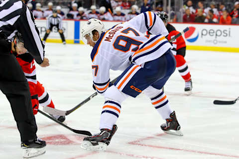 NEWARK, NJ – OCTOBER 10: Edmonton Oilers center Connor McDavid (97) faces off during the third period of the National Hockey League game between the New Jersey Devils and the Edmonton Oilers on October 10, 2019 at the Prudential Center in Newark, NJ. (Photo by Rich Graessle/Icon Sportswire via Getty Images)