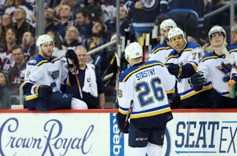 NHL Power Rankings: St. Louis Blues center Paul Stastny (26) celebrates his goal with teammates during the third period against the Winnipeg Jets at MTS Centre. Winnipeg wins 5-3. Mandatory Credit: Bruce Fedyck-USA TODAY Sports