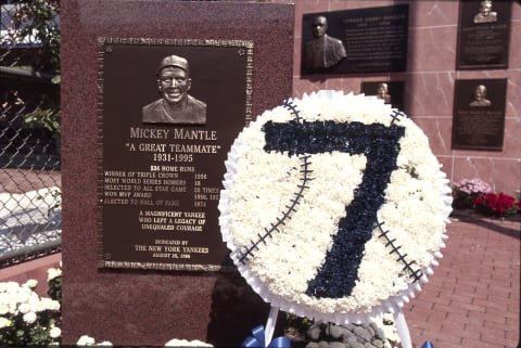 NEW YORK,NY – AUGUST 25: A wreath placed by New York Yankee legend Mickey Mantle monument is seen at Monument Park inside Yankee Stadium on August 25, 1996 in New York, United States. (Photo by Steve Crandall/Getty Images)