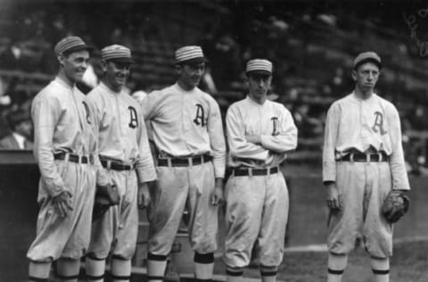 PHILADELPHIA – 1911. The Philadelphia Athletics $100,000. infield poses together in 1911 in Shibe Park. They are (L-R) Stuffy McInnis, Danny Murphy, Frank “Home Run” Baker, Jack Barry, and Eddie Collins. (Photo by Mark Rucker/Transcendental Graphics, Getty Images)