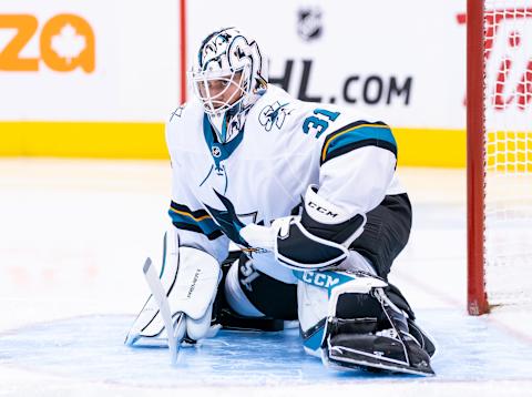 TORONTO, ON – OCTOBER 25: San Jose Sharks goaltender Martin Jones #31 looks on against the Toronto Maple Leafs during the first period at the Scotiabank Arena on October 25, 2019 in Toronto, Ontario, Canada. (Photo by Kevin Sousa/NHLI via Getty Images)