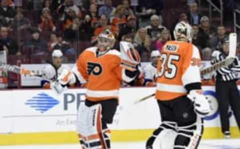 Michal Neuvirth (30) enters the game after replacing goalie Steve Mason (35) against the New York Islanders during the second period at Wells Fargo Center. Mandatory Credit: Eric Hartline-USA TODAY Sports” width=”300″ height=”186″ /> Credit: Eric Hartline-USA TODAY Sports