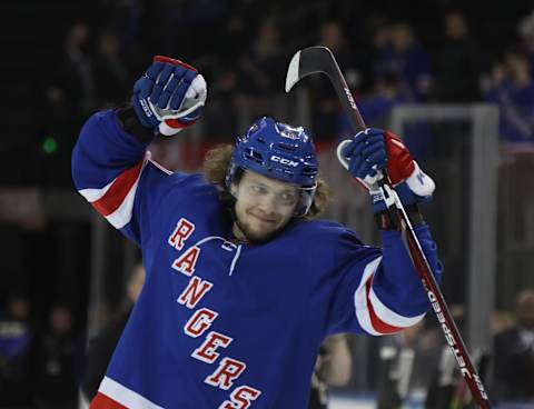 NEW YORK, NEW YORK – JANUARY 07: Artemi Panarin #10 of the New York Rangers celebrates a 5-3 victory over the Colorado Avalanche at Madison Square Garden on January 07, 2020 in New York City. (Photo by Bruce Bennett/Getty Images)