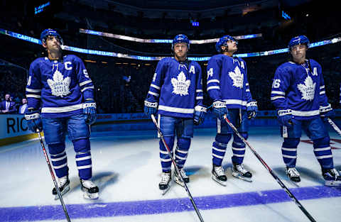 TORONTO, ON – OCTOBER 2: Toronto Maple Leafs new captain John Tavares #91 sta . (Photo by Mark Blinch/NHLI via Getty Images)