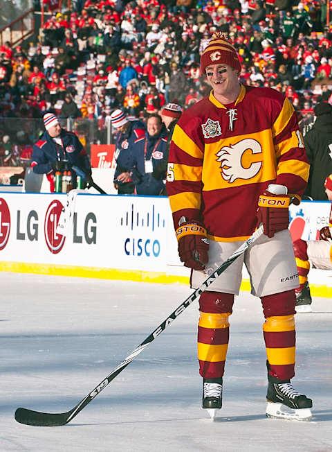 Feb 20, 2011; Calgary, AB, CANADA; Calgary Flames forward Tim Jackman (15) during the first period of the Heritage Classic at McMahon Stadium. Mandatory Credit: Anne-Marie Sorvin-USA TODAY Sports