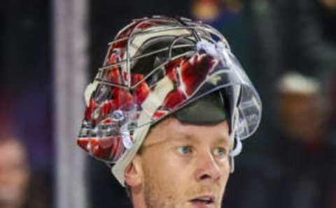 Oct 22, 2022; Calgary, Alberta, CAN; Carolina Hurricanes goaltender Antti Raanta (32) looks on during the second period against the Calgary Flames at Scotiabank Saddledome. Mandatory Credit: Sergei Belski-USA TODAY Sports