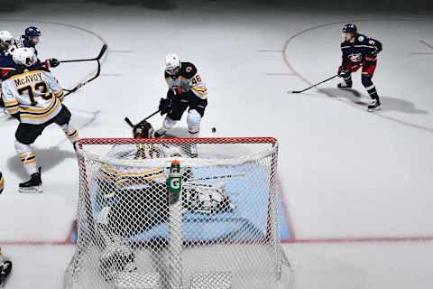 COLUMBUS, OH – MAY 2: Goaltender Tuukka Rask #40 of the Boston Bruins defends the net as Artemi Panarin #9 of the Columbus Blue Jackets follows a loose puck during the first period in Game Four of the Eastern Conference Second Round during the 2019 NHL Stanley Cup Playoffs on May 2, 2019 at Nationwide Arena in Columbus, Ohio. (Photo by Jamie Sabau/NHLI via Getty Images)