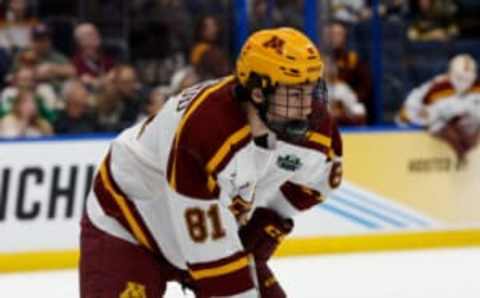 TAMPA, FL – APRIL 6: Jimmy Snuggerud #81 of the Minnesota Golden Gophers skates against the Boston University Terriers during game one of the 2023 NCAA Division I Men’s Hockey Frozen Four Championship Semifinal at the Amalie Arena on April 6, 2023 in Tampa, Florida. The Golden Gophers won 6-2. (Photo by Richard T Gagnon/Getty Images)