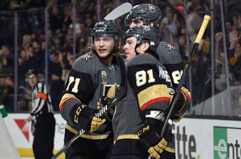 LAS VEGAS, NV – MARCH 30: Jonathan Marchessault #81 celebrates his goal with teammates William Karlsson #71 and Alex Tuch #89 of the Vegas Golden Knights against the St. Louis Blues during the game at T-Mobile Arena on March 30, 2018, in Las Vegas, Nevada. (Photo by David Becker/NHLI via Getty Images)