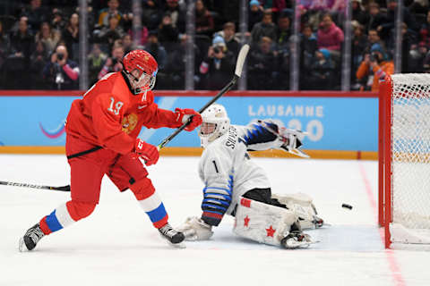 Matvei Michkov cuts to the net during the Lausanne 2020 Winter Youth Olympics. (Photo by Matthias Hangst/Getty Images)