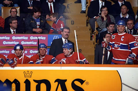 TORONTO, ON – DECEMBER 9: Head coach Pat Burns of the Montreal Canadiens watches the play develop against the Toronto Maple Leafs during NHL game action on December 9, 1991 at Maple Leaf Gardens in Toronto, Ontario, Canada. (Photo by Graig Abel/Getty Images)