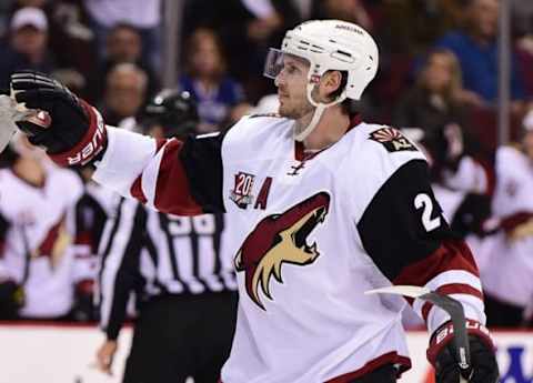 Oct 3, 2016; Vancouver, British Columbia, CAN; Arizona Coyotes defenseman Oliver Ekman-Larsson (23) celebrates his goal against Vancouver Canucks goaltender Jacob Markstrom (not pictured) during the second period during a preseason hockey game at Rogers Arena. Mandatory Credit: Anne-Marie Sorvin-USA TODAY Sports