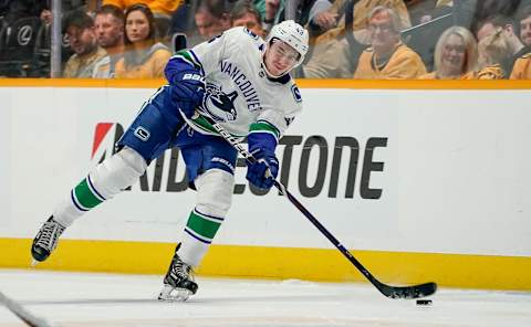 NASHVILLE, TN – APRIL 4: Quinn Hughes #43 of the Vancouver Canucks skates against the Nashville Predators at Bridgestone Arena on April 4, 2019 in Nashville, Tennessee. (Photo by John Russell/NHLI via Getty Images)