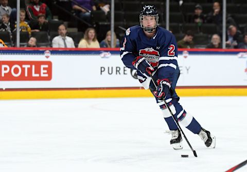 ST. PAUL, MN – SEPTEMBER 19: Team Leopold defenseman Cam York (2) skates with the puck during the USA Hockey All-American Prospects Game between Team Leopold and Team Langenbrunner on September 19, 2018 at Xcel Energy Center in St. Paul, MN. Team Leopold defeated Team Langenbrunner 6-4.(Photo by Nick Wosika/Icon Sportswire via Getty Images)