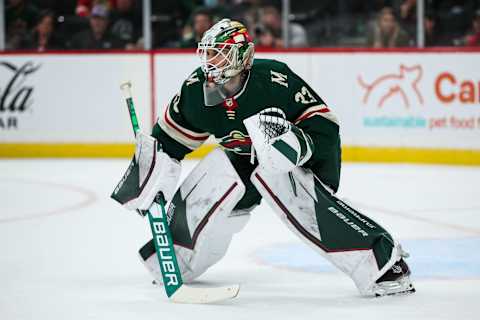 Oct 7, 2021; Saint Paul, Minnesota, USA; Minnesota Wild goaltender Cam Talbot (33) competes against the Chicago Blackhawks in the first period at Xcel Energy Center. Mandatory Credit: David Berding-USA TODAY Sports