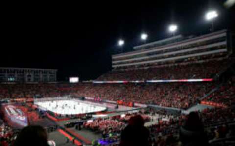 Feb 18, 2023; Raleigh, North Carolina, USA; A view of the game between the Washington Capitals and the Carolina Hurricanes in the third period during the 2023 Stadium Series ice hockey game at Carter-Finley Stadium. Mandatory Credit: Geoff Burke-USA TODAY Sports