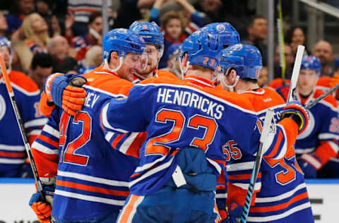 Vegas Golden Knights: The Edmonton Oilers celebrate a second period goal by forward Anton Slepyshev (42) against the Minnesota Wild at Rogers Place. Mandatory Credit: Perry Nelson-USA TODAY Sports