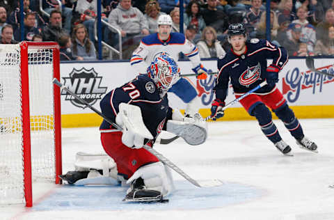 Feb 25, 2023; Columbus, Ohio, USA; Columbus Blue Jackets goalie Joonas Korpisalo (70) makes a skate save during the third period against the Edmonton Oilers at Nationwide Arena. Mandatory Credit: Russell LaBounty-USA TODAY Sports