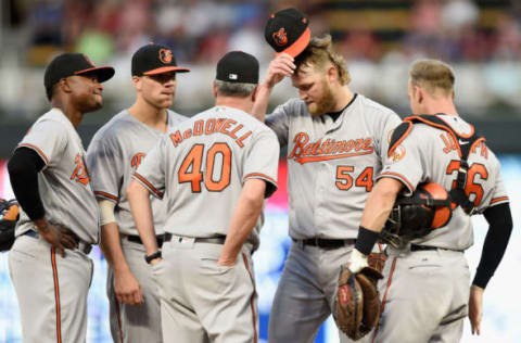 MINNEAPOLIS, MN – JULY 5: Pitching coach Roger McDowell #40 of the Baltimore Orioles visits pitcher Andrew Cashner #54 and infielders on the mound during the sixth inning of the game on July 5, 2018 at Target Field in Minneapolis, Minnesota. (Photo by Hannah Foslien/Getty Images)