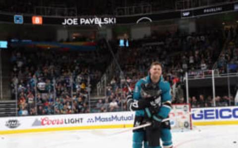 SAN JOSE, CALIFORNIA – JANUARY 25: Joe Pavelski #8 of the San Jose Sharks and his son take part in the 2019 SAP NHL All-Star Skills Night at the SAP Center on January 25, 2019 in San Jose, California. (Photo by Bruce Bennett/Getty Images) (Photo by Bruce Bennett/Getty Images)