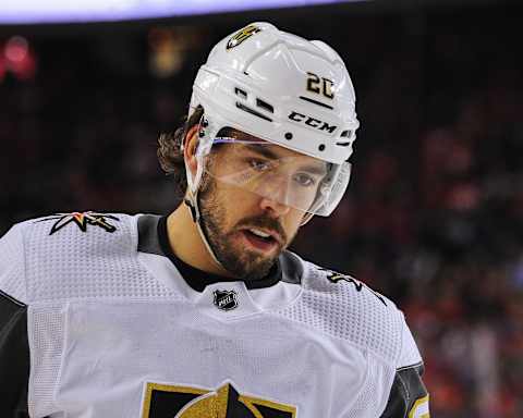 CALGARY, AB – MARCH 8: Chandler Stephenson #20 of the Vegas Golden Knights in action against the Calgary Flames during an NHL game at Scotiabank Saddledome on March 8, 2020 in Calgary, Alberta, Canada. (Photo by Derek Leung/Getty Images)